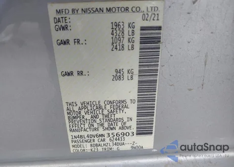 2021 Nissan Altima Sv Fwd from USA, damaged, VIN 1N4BL4DV6MN356903